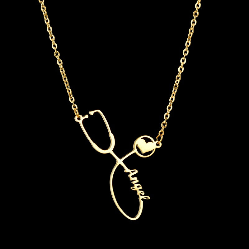 Stethoscope Name Necklace Personalized, 18K Gold Plated Dainty Custom Doctor Nurse Necklace Graduation Gift Jewelry for Medical Student