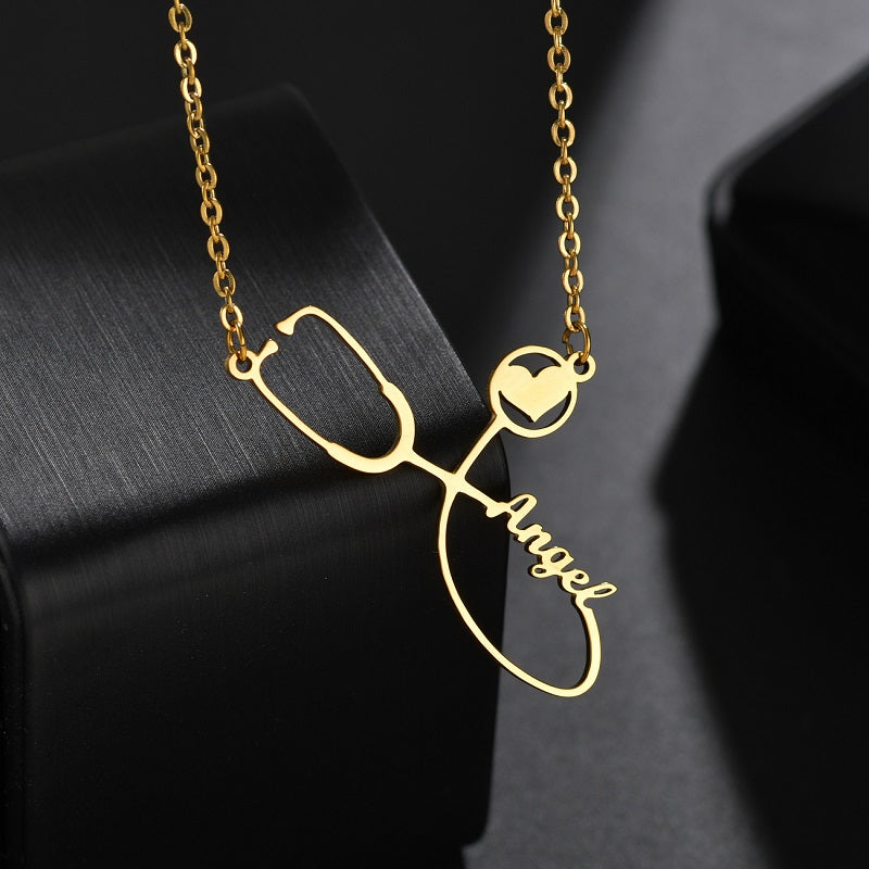 Stethoscope Name Necklace Personalized, 18K Gold Plated Dainty Custom Doctor Nurse Necklace Graduation Gift Jewelry for Medical Student
