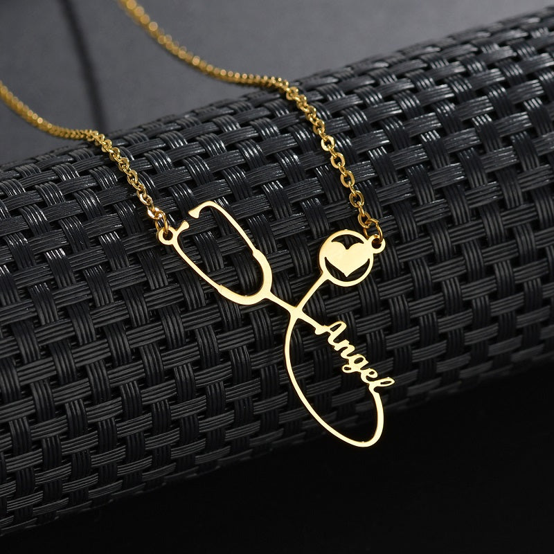 Stethoscope Name Necklace Personalized, 18K Gold Plated Dainty Custom Doctor Nurse Necklace Graduation Gift Jewelry for Medical Student