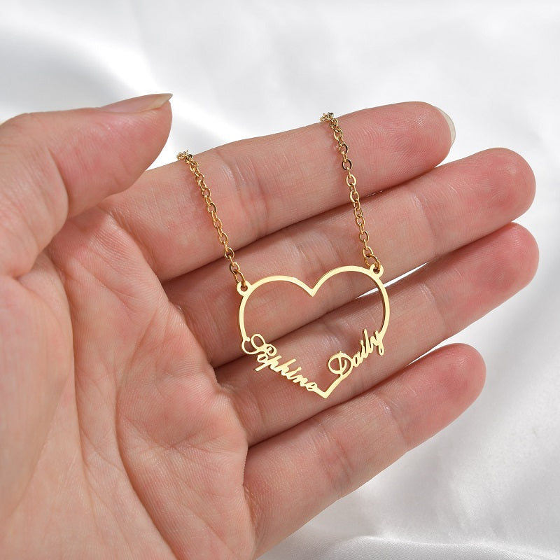 Custom Heart Name Necklace Engrave Any Two Names Initial Letters Gifts for Women Girls