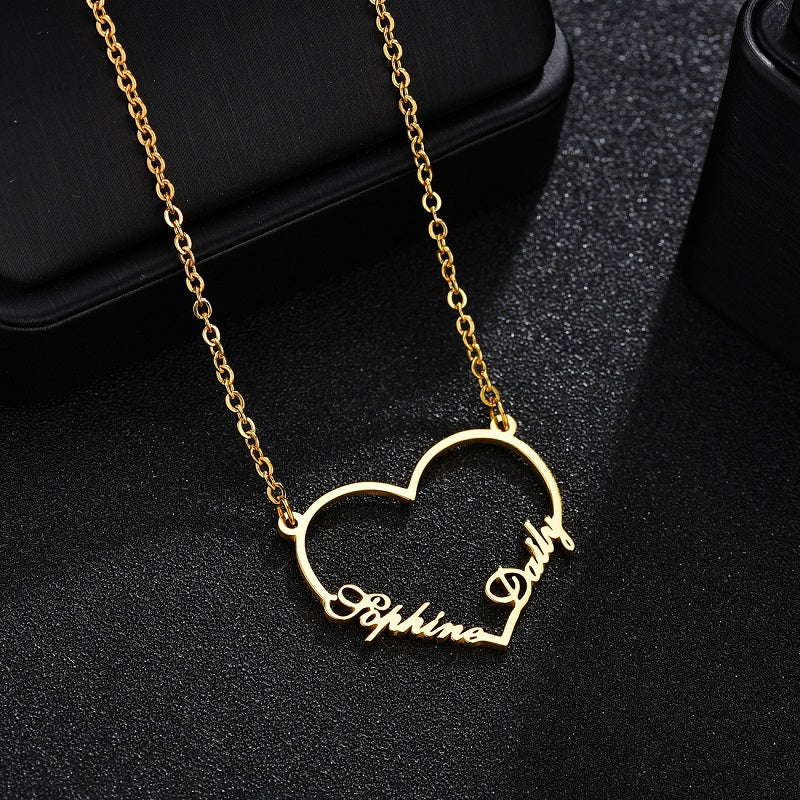 Custom Heart Name Necklace Engrave Any Two Names Initial Letters Gifts for Women Girls