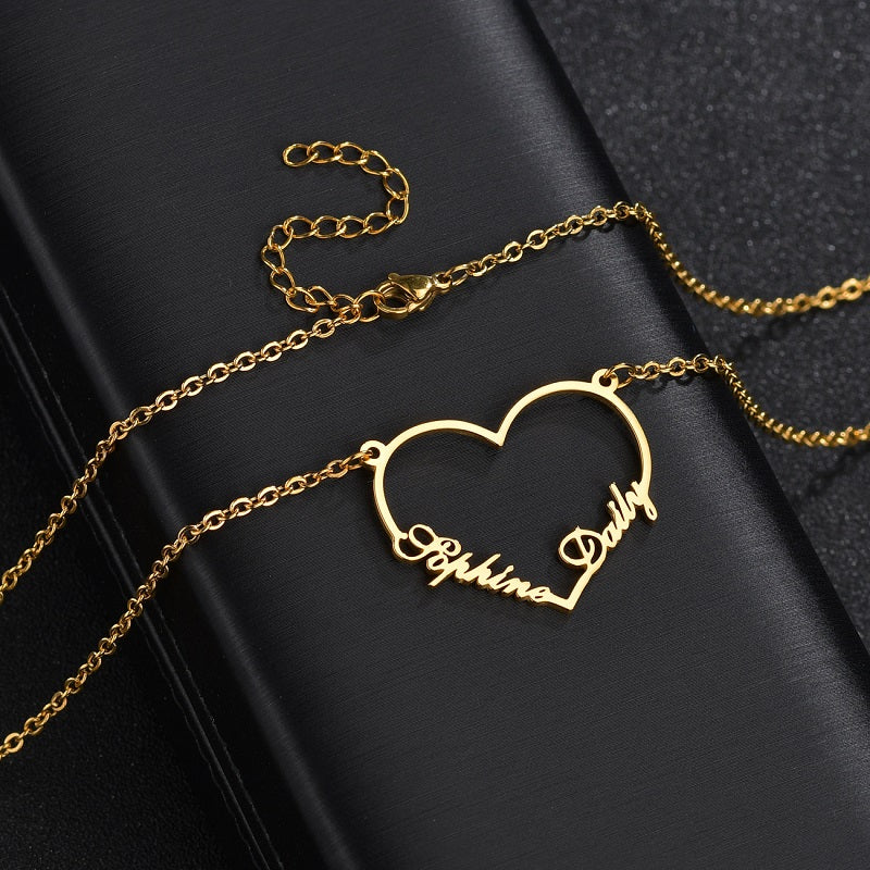 Custom Heart Name Necklace Engrave Any Two Names Initial Letters Gifts for Women Girls