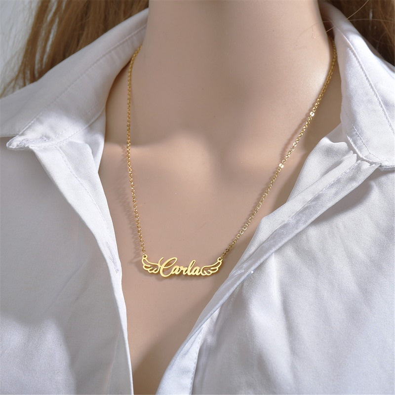 Personalized Name Necklace with Angel Wing for Women Custom Name Jewelry