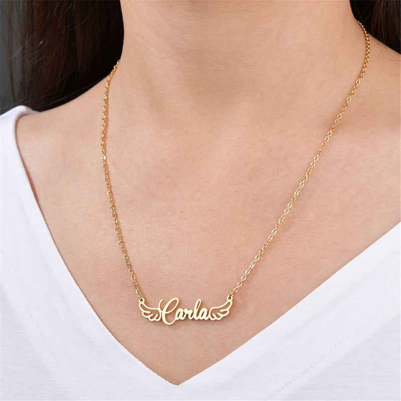 Personalized Name Necklace with Angel Wing for Women Custom Name Jewelry