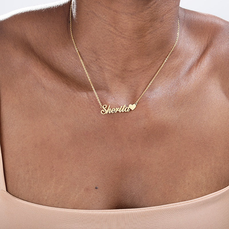 Personalized Name Necklace with Heart 18K Gold Plated Nameplate Necklace Custom Name Necklace for Womens Girls