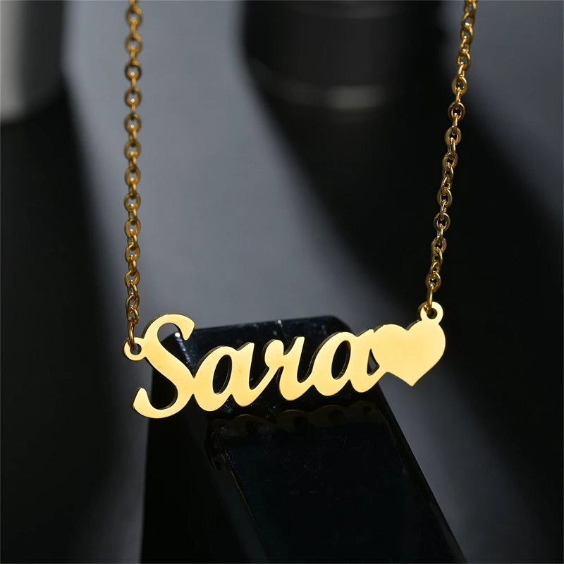 Personalized Name Necklace with Heart 18K Gold Plated Nameplate Necklace Custom Name Necklace for Womens Girls